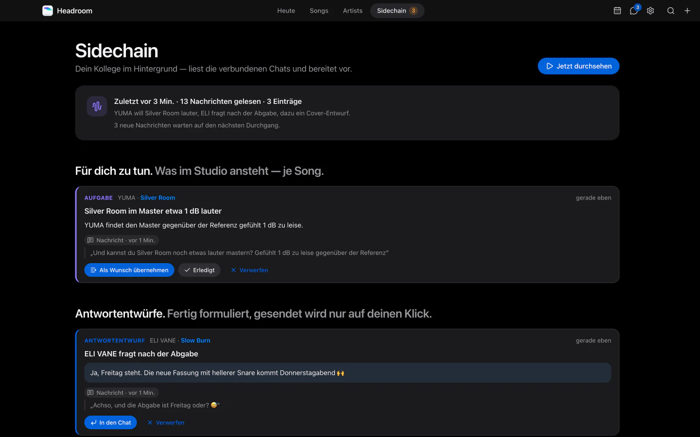 Sidechain: eine Aufgabe „Silver Room im Master etwa 1 dB lauter“ und ein Antwortentwurf für ELI VANE, jeweils mit der Nachricht als Quelle.